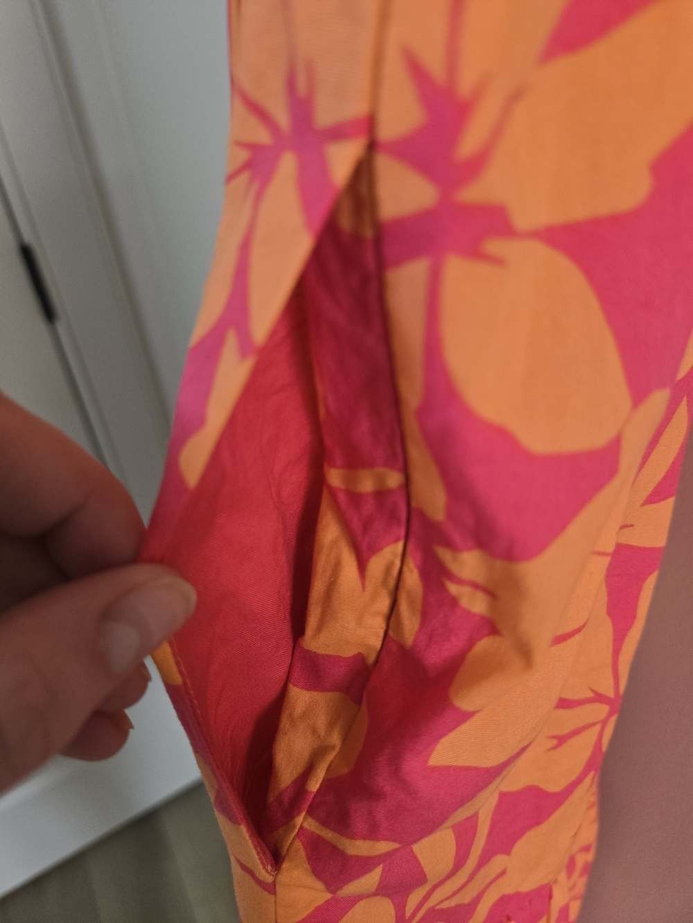 J. Crew pink + orange floral v-neck flowy midi dress, has pockets + side zipper - Picture 5 of 5